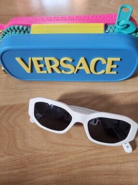 Versace Kids White Sunglasses with Blue & Pink Silicone Case and Yellow Logo